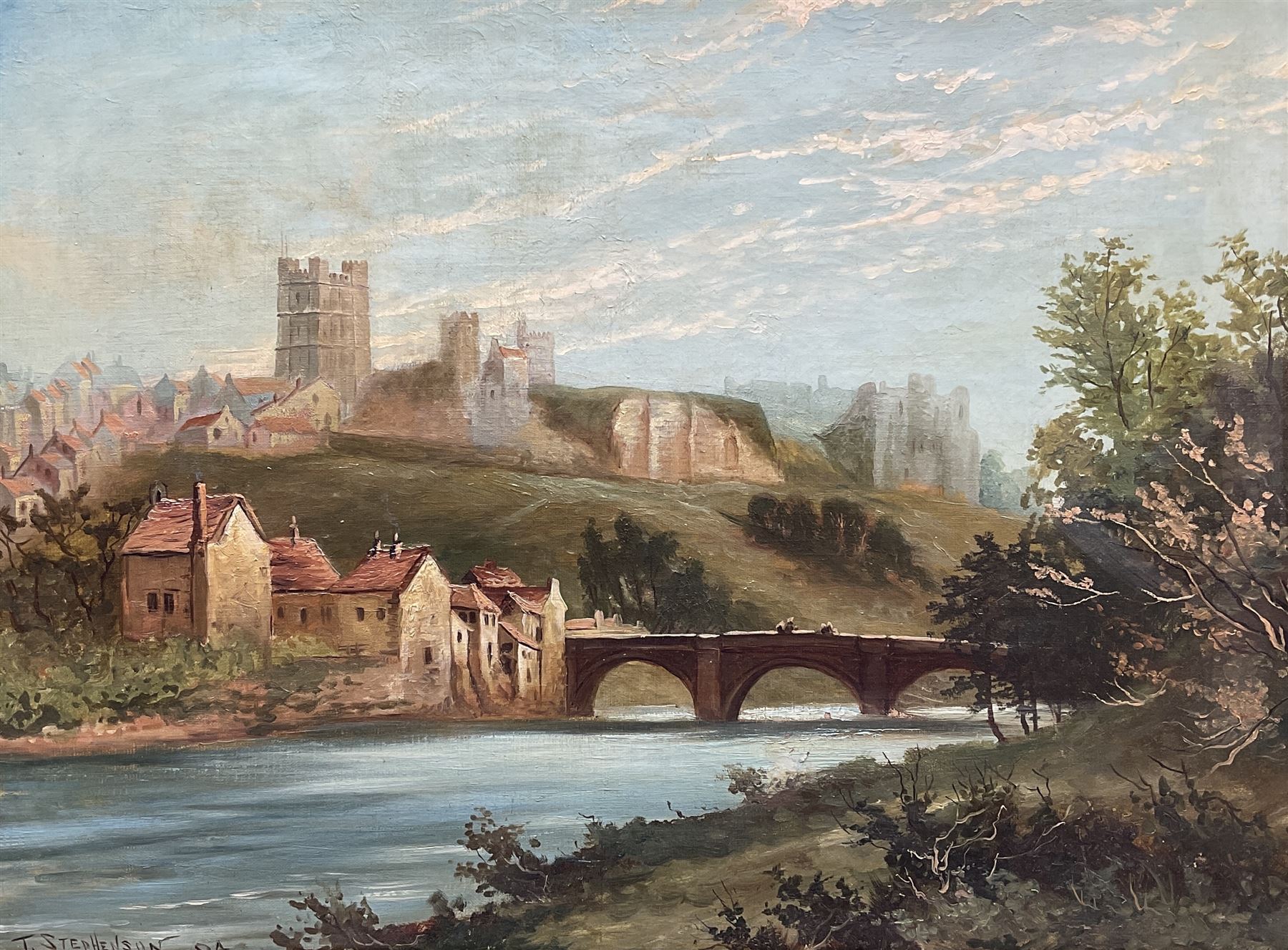 T Stephenson (British 19th century): Richmond Castle from the River Swale, oil on canvas signed and dated '94, housed in ornate gilt frame with foliate design 44cm x 59cm