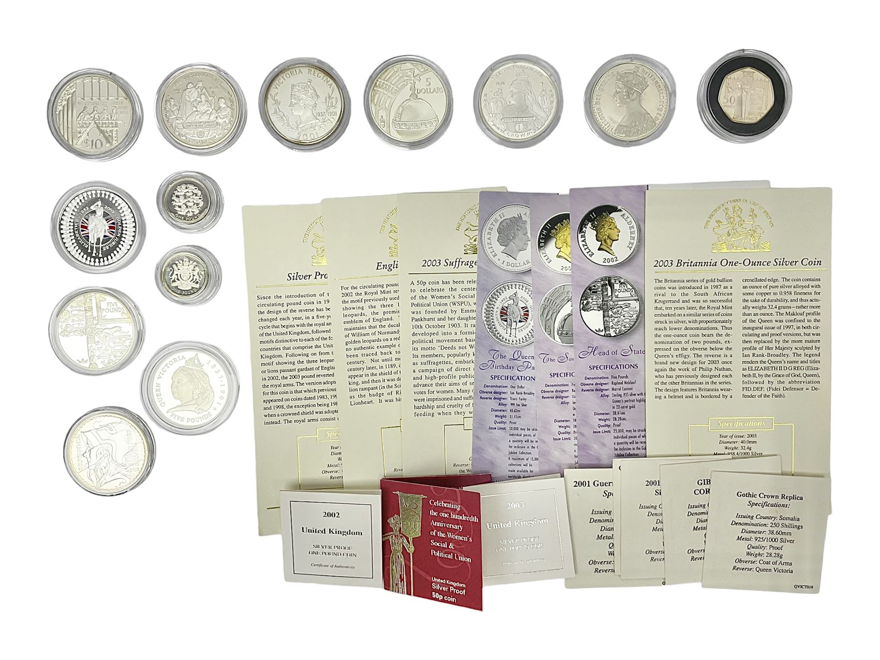 Thirteen silver coins, including Queen Elizabeth II Solomon Islands 2002 sterling silver five dollars, Alderney 2002 sterling silver five pounds, Fiji 2002 sterling silver ten dollars, United Kingdom 2003 one ounce fine silver Britannia, 2003 'Give Women The Vote' fifty pence etc, all with some form of certificate