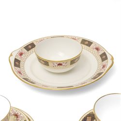 Royal Crown Derby 'Derby Border' pattern part tea service, comprising twelve teacups and saucers, twelve side plates, sandwich plate, milk jug and sugar bowl