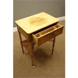  Victorian satin walnut sewing work table, with single frieze fitted drawer, on bobbin turned supports with shaped undertier, ceramic castors, 57cm x 40cm, H75cm  