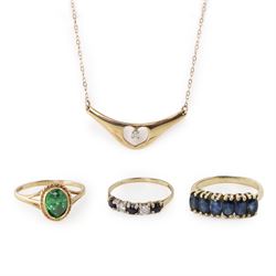 9ct gold jewellery including diamond pendant necklace, six stone sapphire ring, green ston...
