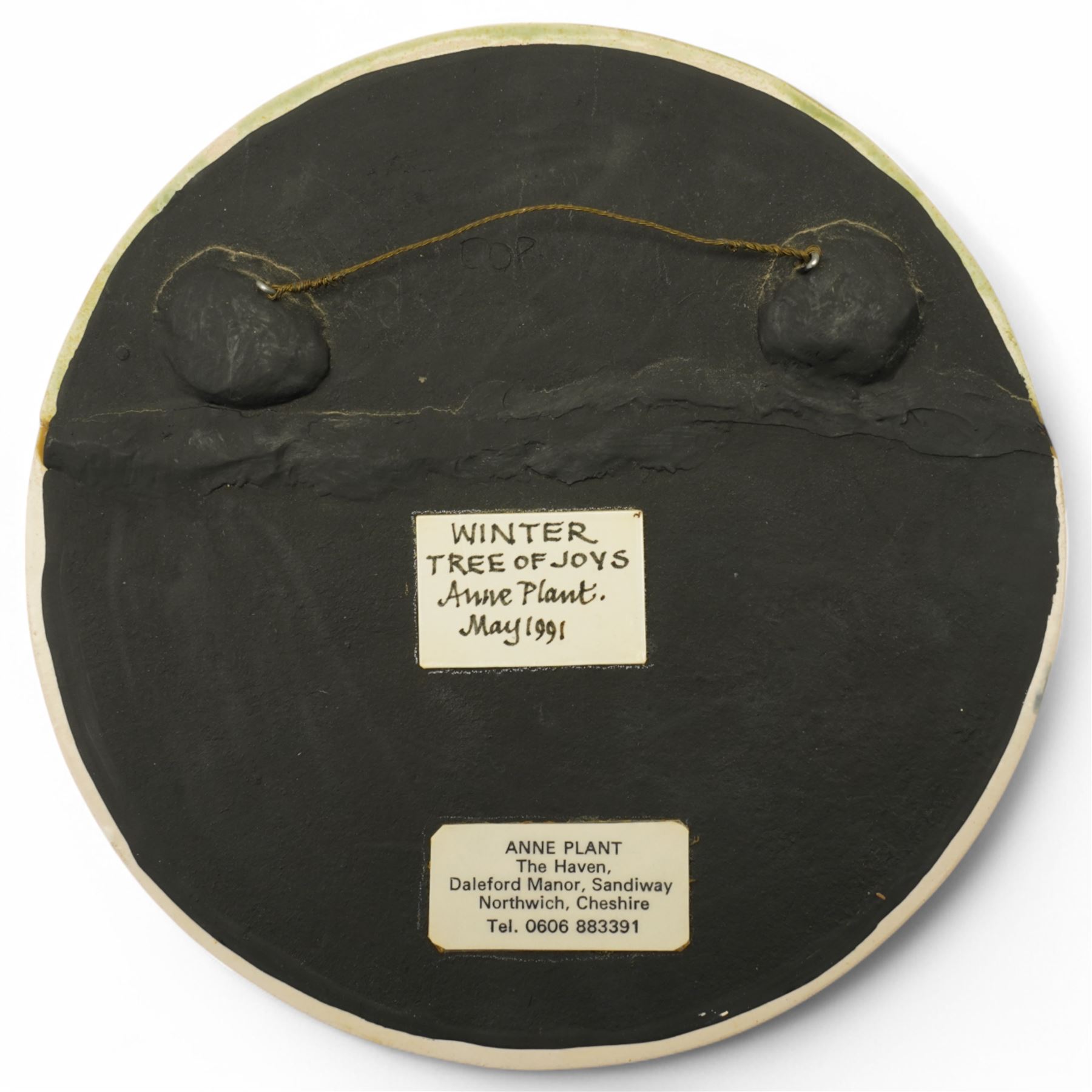 Anne Plant (British 1934-2019): 'Water Signals' 'Tree of Life' and 'Sea Picture', set three stoneware wall-hanging sculptures, signed and titled verso, largest D25cm (3)