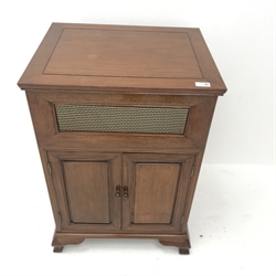 Chinese hardwood music cabinet, hinged lid above two doors enclosing single shelf, shaped bracket supports, W59cm, H83cm, D49cm