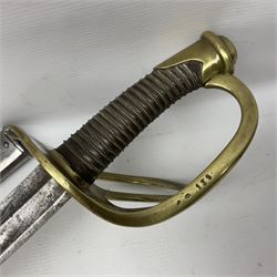 Early 19c French Model 1816 Heavy Cavalry trooper's sword, the 95.5cm double fullered blade with various stamped marks including CM, four-bar brass hilt with wire-bound leather grip, knucklebow with various stamped marks including no.139; in similarly numbered polished steel scabbard with two suspension rings L117cm overall