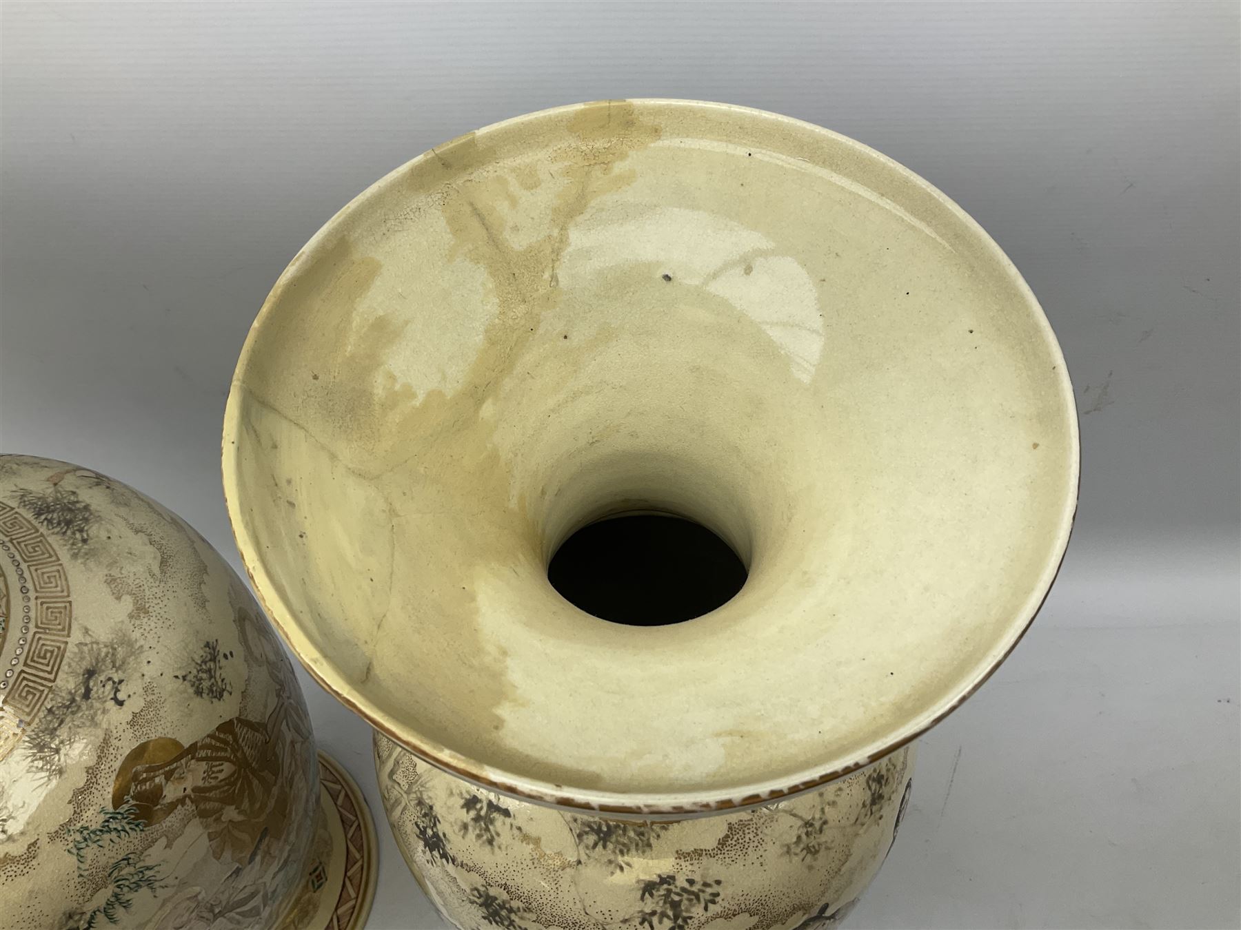 Pair early 20th Century Japanese floor vases of ovoid form, painted with warriors and elders within geometric designs and gilding, H61cm