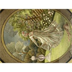 George III silkwork picture, of oval form depicting a female figure in garden setting, within a silkwork border detailed with verse from Robert Burns Bonnie Peg, 'Her air sae sweet, and shape complete, The Queen of Love did never move, Wi' Motion mair enchanting!', and monograms 'FV' and 'SM', in reeded gilt frame and gilt mount, indistinctly inscribed in pencil verso, overall H36cm L30.5cm