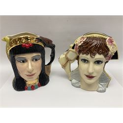 Royal Doulton two character jugs from the Star Crossed Lovers Collection, Antony & Cleopatra D6728 and Napoleon & Josephine D6750, together with two Royal Doulton Figures Micawber and Sairey Gamp