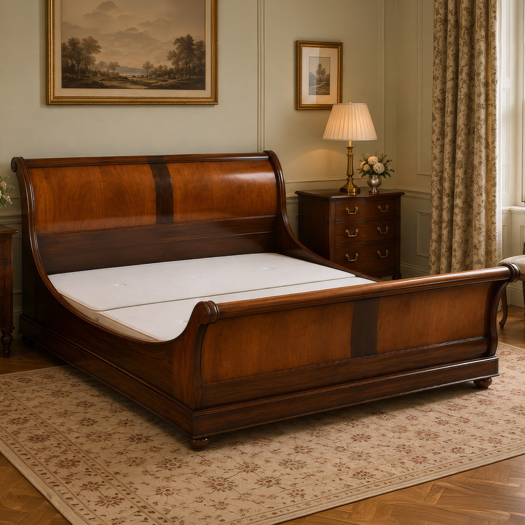 And So To Bed - 5' king size 'Palais' cherry wood sleigh bed, the cylindrical rolled head and foot rails over panelled boards with darker crossbanded detail, shaped scroll ends and moulded plinth base, with Vi-Spring divan base