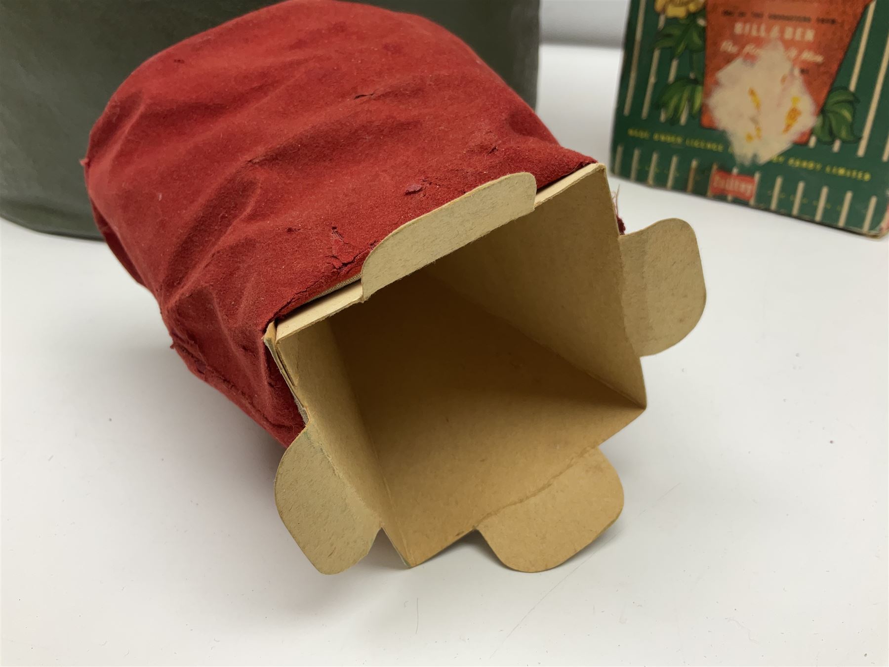 1950s/60s Palitoy 'Bill & Ben The Flower Pot Men' glove puppet; boxed; and 'The Flower Pot Men' vinyl drum shaped foot-stool/pouffe depicting Bill & Ben with sweeping brushes (2)