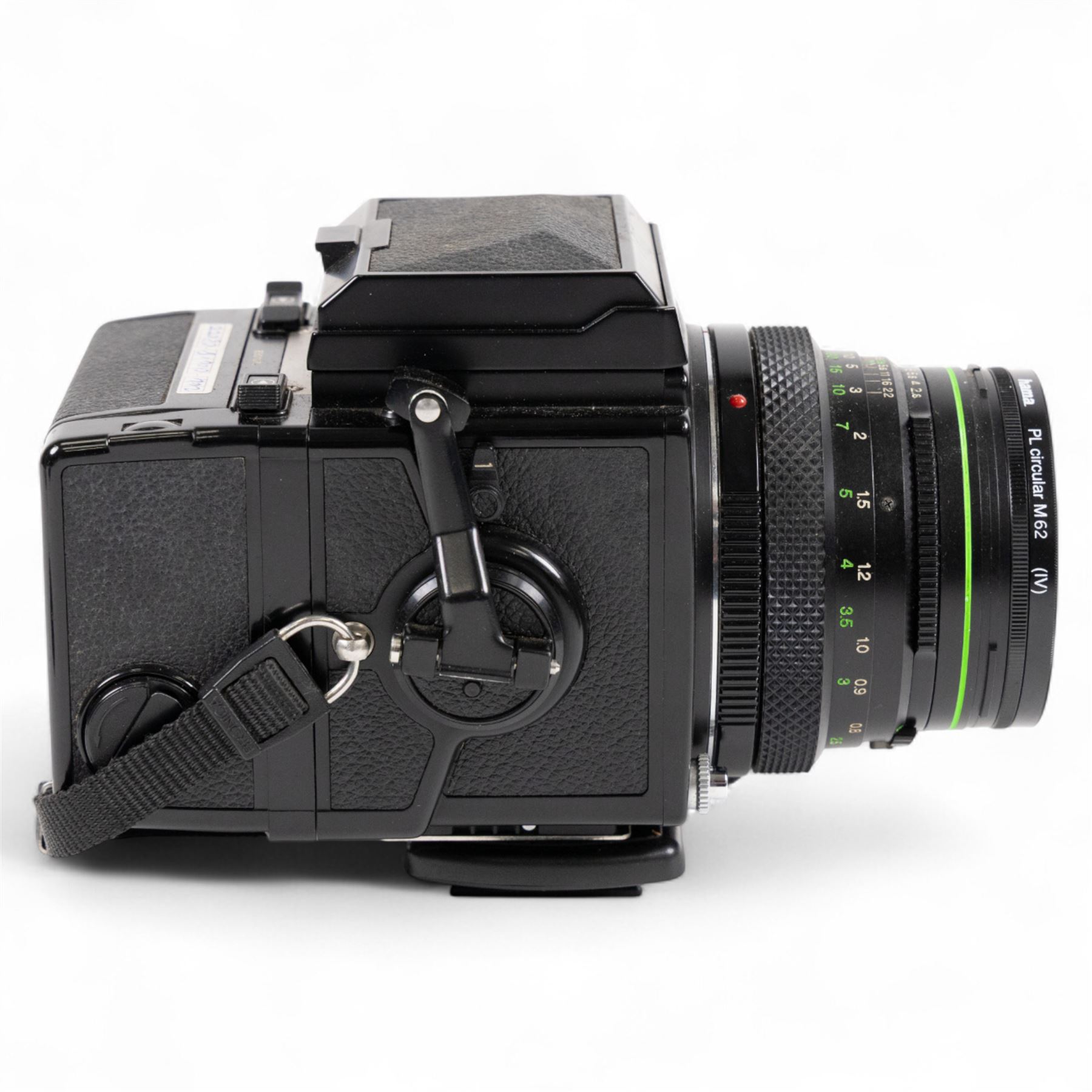 Zenza Bronica ETRS medium format camera, serial no. 8301079, with Zenza Bronica Zenzanon EII 1:2.8 f=75mm lens with lens cap, serial no. 7955198 and two film backs and instruction booklet