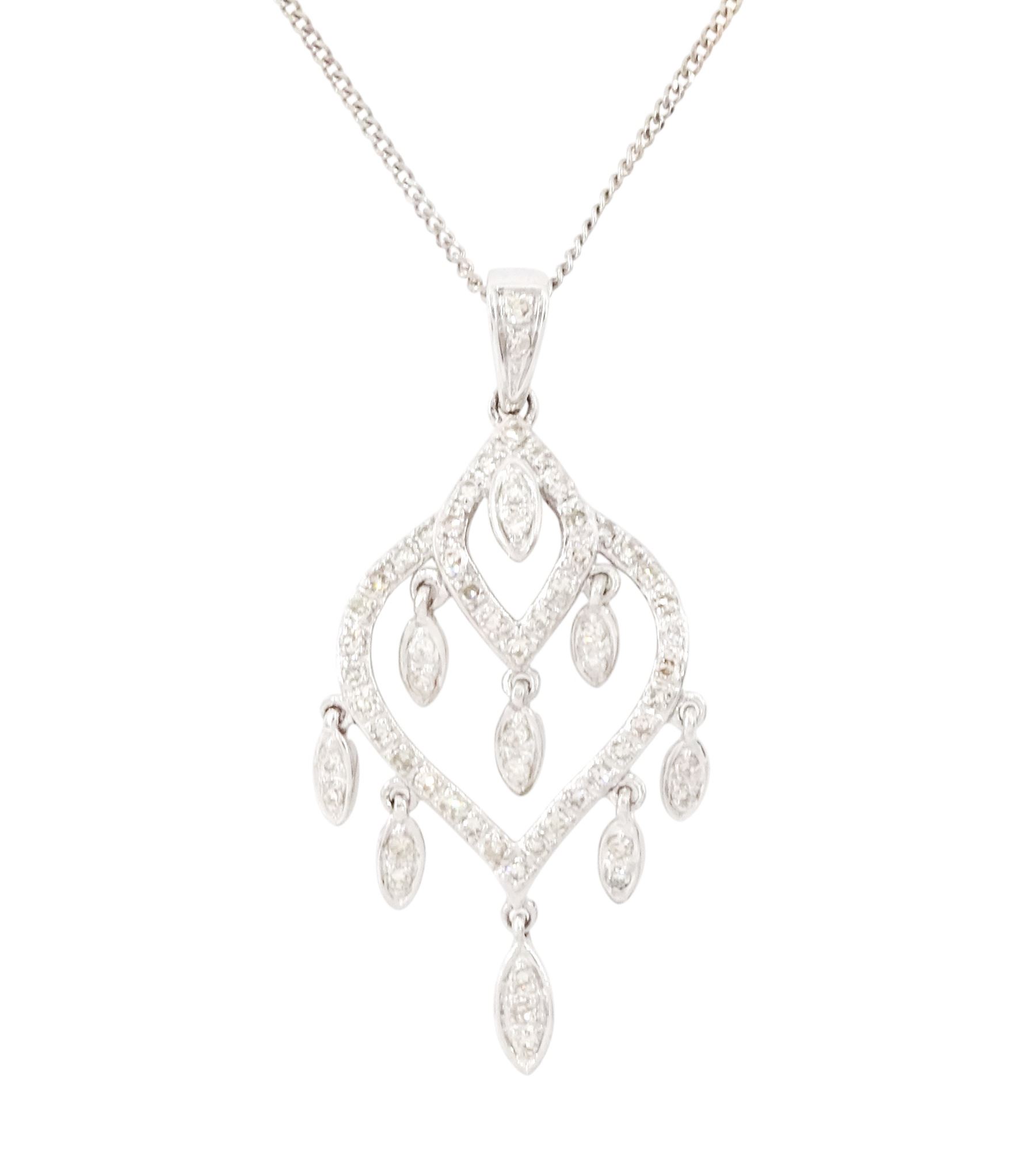 9ct white gold diamond pendant necklace, the openwork pendant set with single cut diamonds, suspending further single cut diamonds, both hallmarked
