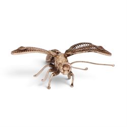 Two filigree insects, modelled as a butterfly and hornet, with decorative stones applied to the wings, butterfly L9cm