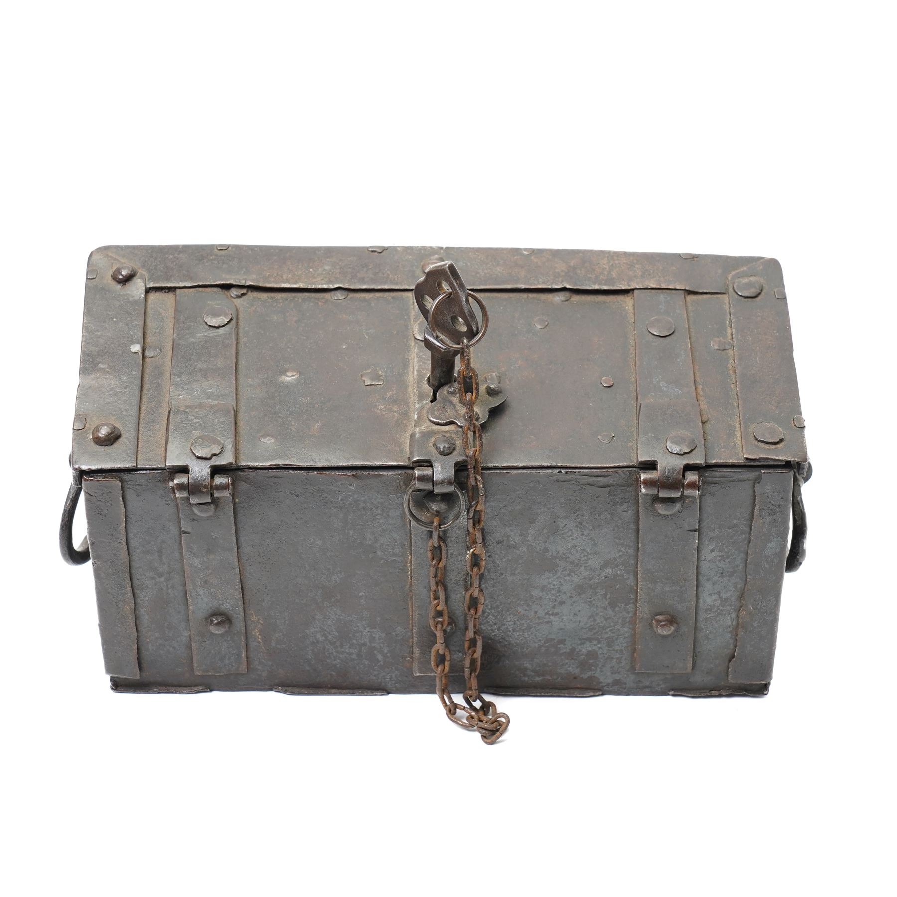 Miniature 17th Century Nuremberg iron table top strongbox, of rectangular form, the hinged lid carrying internal lock mechanism, operated by a key with hinged quatrefoil cover externally, twin carrying handles on each side, with key, W20cm H9cm D9cm