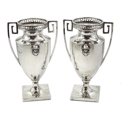 Pair of silver Neoclassical design urn shaped vases, with pierced key pattern top and handles by Charles Edwin Turner, Birmingham 1911, height 14.5cm