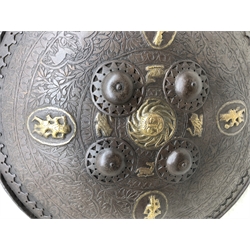 Tibetan metal circular shield, with four sun burst bosses and four brass deities around a central flaming sun on an animal and foliage ground with repeating border, D44.5cm  