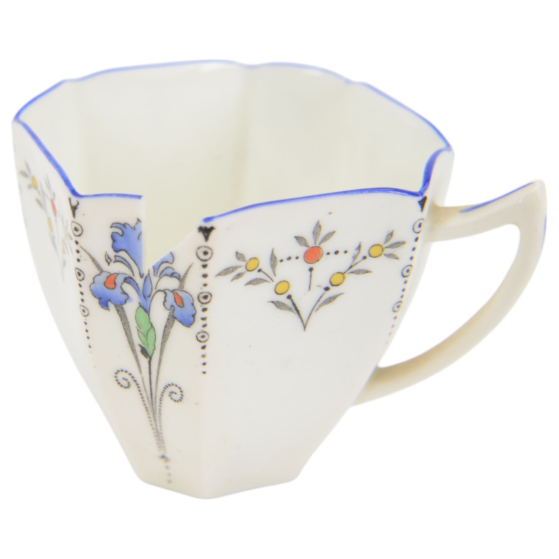 Shelley Art Deco Queen Anne shaped coffee service in the blue iris pattern comprising coffee pot, cream jug, sugar bowl, six cups, six saucers