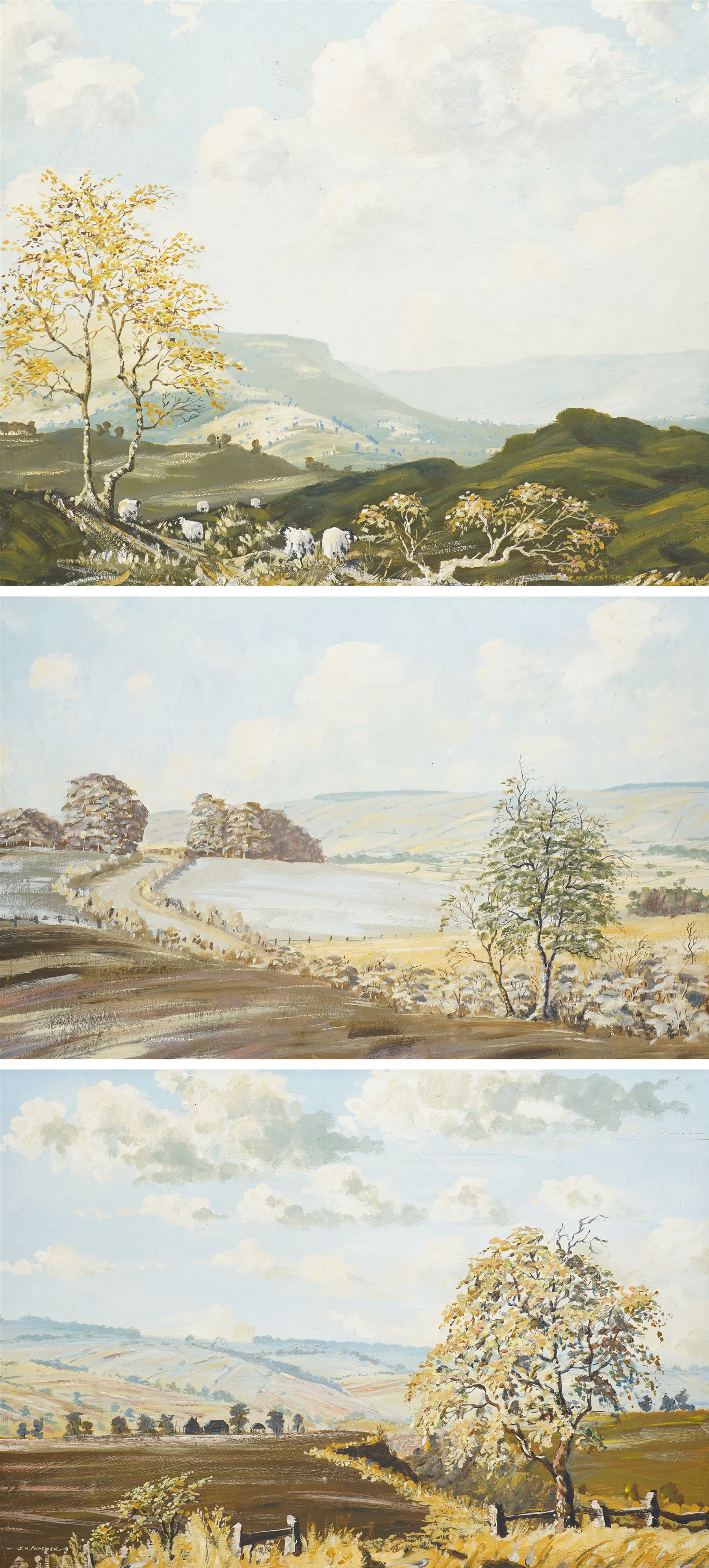John H Capstick (British 20th century): 'A Dales Landscape' 'Summer Wolds' and 'Autumnal Wolds', set of three oils on board signed, artists label verso max 50cm x 75cm (3)
