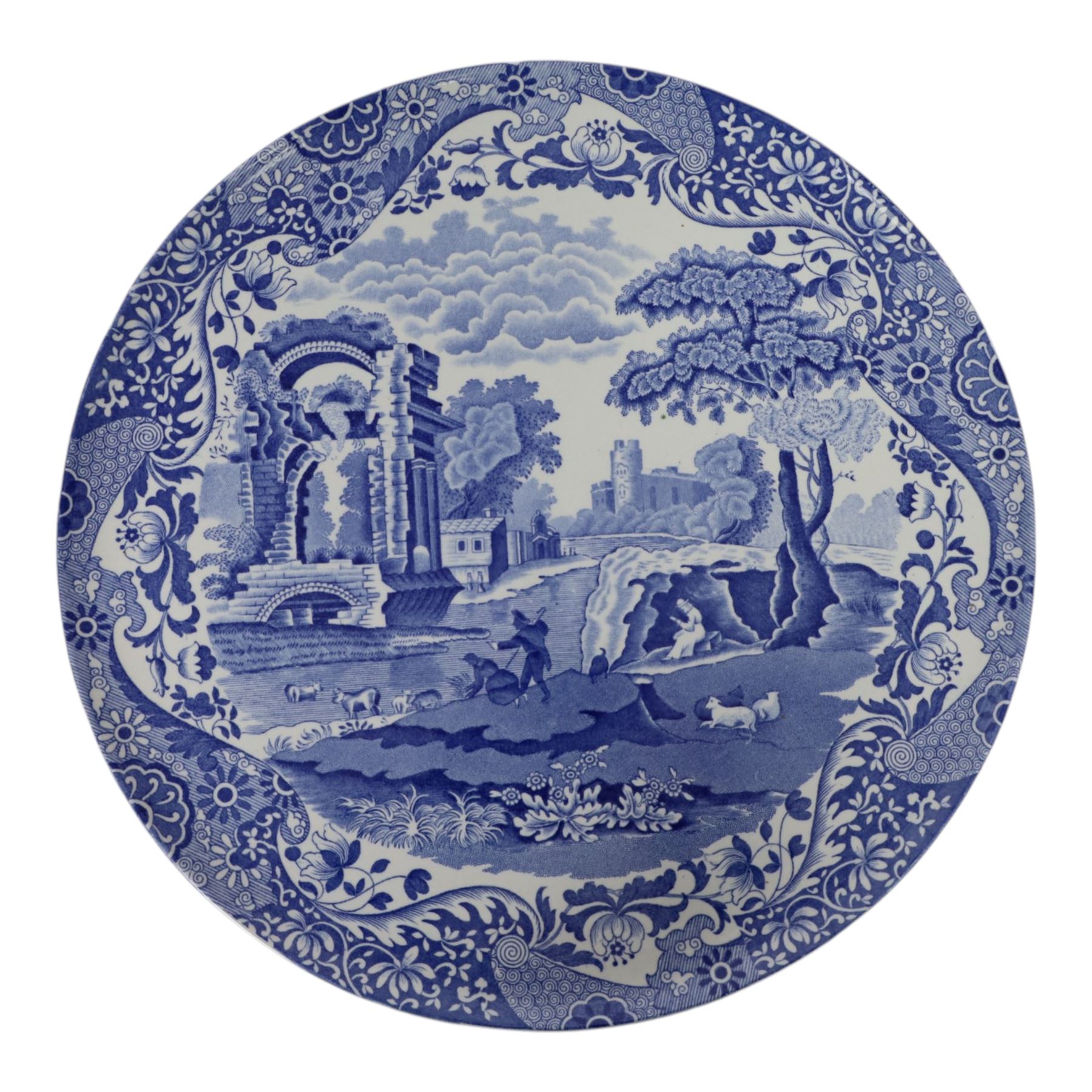 Spode Italian pattern tea and coffer service for eight place settings, comprising teapot, coffee pot, milk jug, cream jug, open sucrier, sandwich plate, cake plate, cake stand, side plates, teacups and saucers, coffee cans and saucers