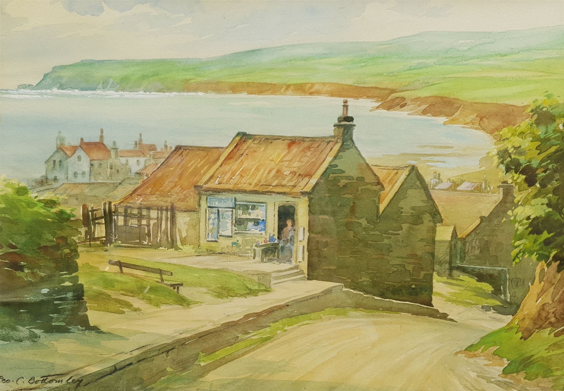George C Bottomley (British 1894-1972): Robin Hood's Bay from the Bank Top, watercolour signed 25cm x 35cm