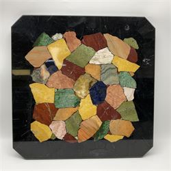 Square table with a specimen top comprised of assorted hardstones, marbles and minerals, raised upon four turned wooden legs, H45cm