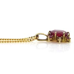 9ct gold ruby and pink stone pendant, on 18ct gold chain, both hallmarked
