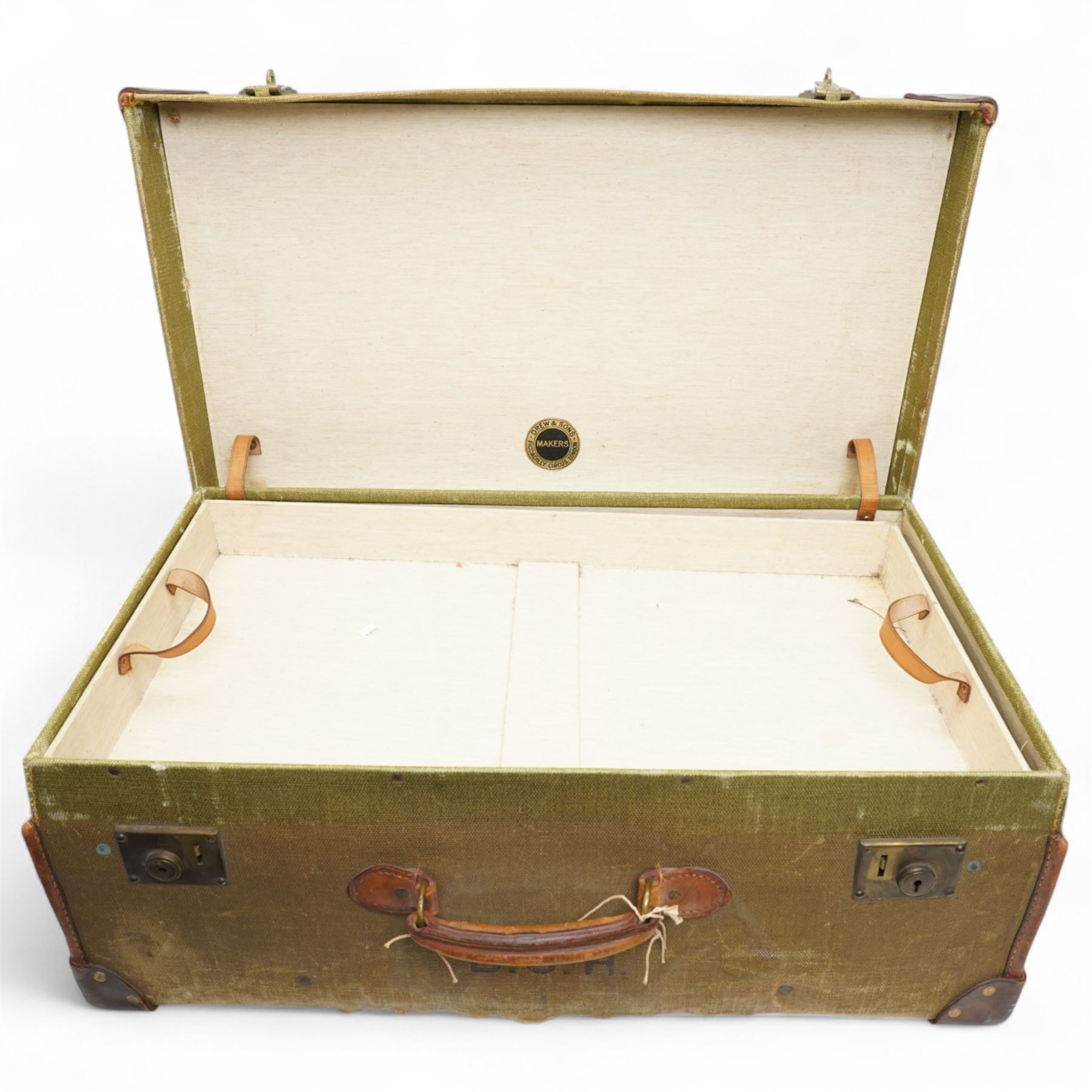 Drew & Sons, London - early 20th century khaki cloth bound trunk with lift out tray, understood to previously belong to Sister Agatha, Mother Superior of the Bar Convent in York 76cm x 43cm