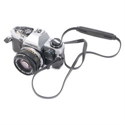 Olympus OM10 SLR camera body serial no. 2255944, with three Olympus OM-System Zuiko lenses including Auto-S 50mm 1:1.8, Auto-W 28mm 1:2.8 and Auto-Zoom 75-150mm 1:4, an Olympus Winder 2 and other accessories in soft shell carrycase