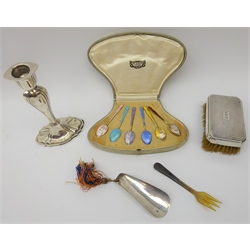  Set of six silver and enamel teaspoons, silver shoe horn, Sheffield 1931, silver candlestick, silver backed brush etc   