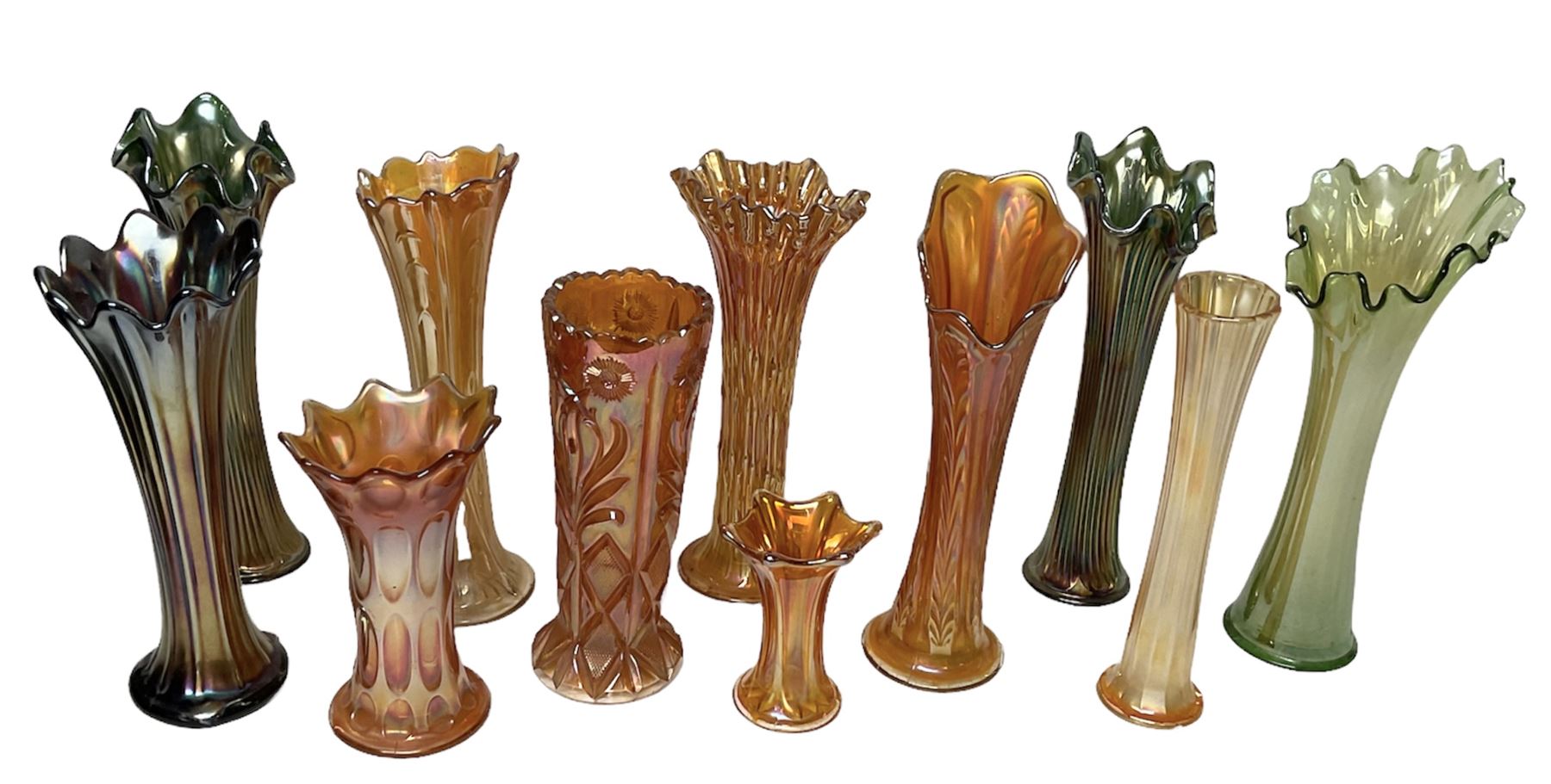Collection of carnival glass trumpet vases and similar, largest H32cm