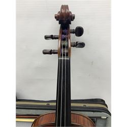 Early 20th century French Mirecourt violin with 35.5cm two-piece maple back and ribs and spruce top; bears label 'The Garrodus Violin H & Co No.1587 Anno 1912' L59cm overall; in modern fitted case with bow
