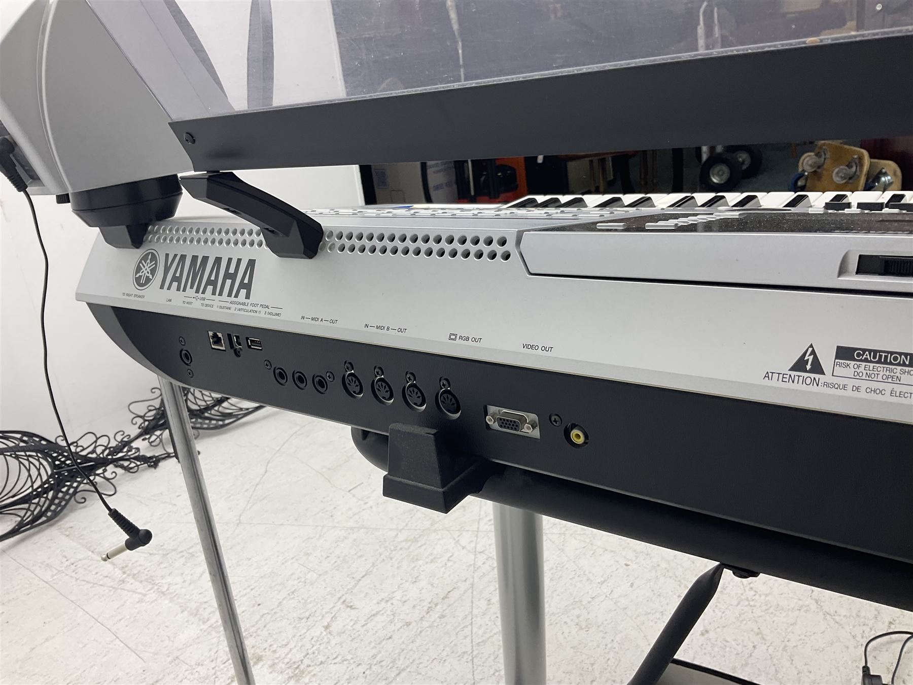 Yamaha Tyros 4 Digital Workstation keyboard with three-piece Option Speaker System TRS-MS04, foot control, various cables and stand; together with a Peavey microphone stand and Shure SM58S microphone