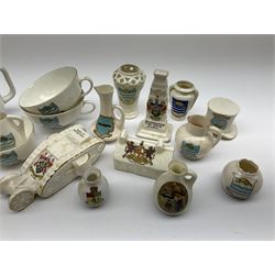 Local Interest, a collection of Crested ware, to include a number of examples detailed Beverly, including teapot, two tea cups, top hat, miniature vases, etc., together with a Tank detailed Halifax, house detailed City of London, etc. 