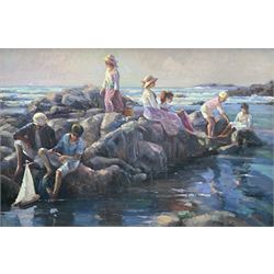 After Don Hatfield (American 1947-): 'Family Outing', oil on canvas indistinctly signed 60cm x 90cm 