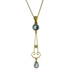 Early 20th century blue stone and seed pearl pendant, stamped 9c, on 9ct gold necklace
