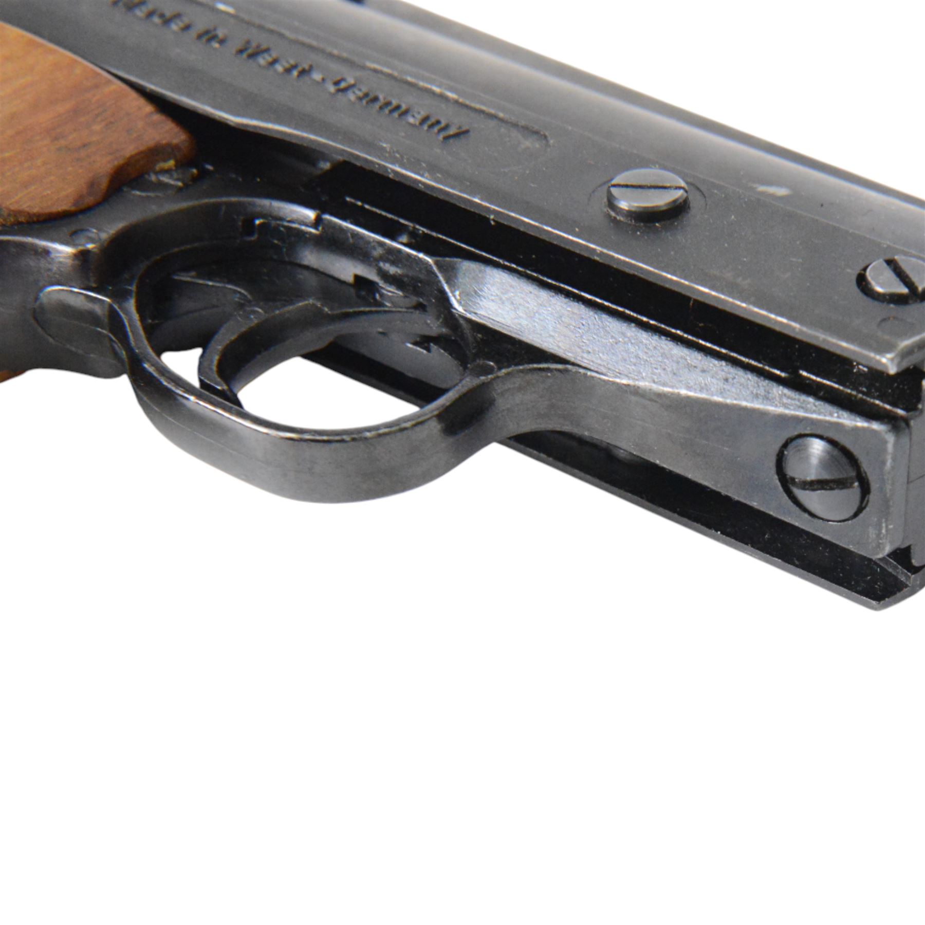 FB Record Jumbo .177 air pistol with shaped wooden grips and adjustable sights, L18cm