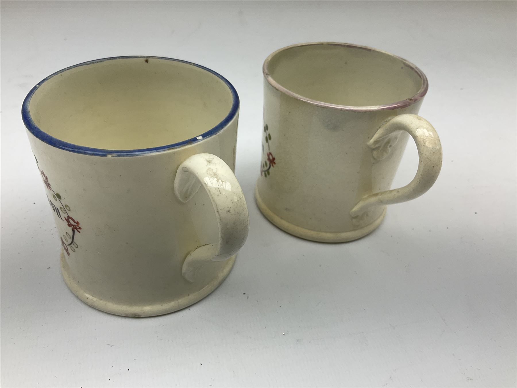  Early Victorian marriage mug for Thomas and Caroline Parkinson dated 11th Sept. 1845 Hull H8cm, similar christening mug for their daughter Hannah Matilda, blue/white transfer printed pot lid with base for Francis Earle, Pharmaceutical Chemist, 22 Market Place, Hull with central study of Holy Trinity Church and clay pipe, the bowl as man's head (4)  