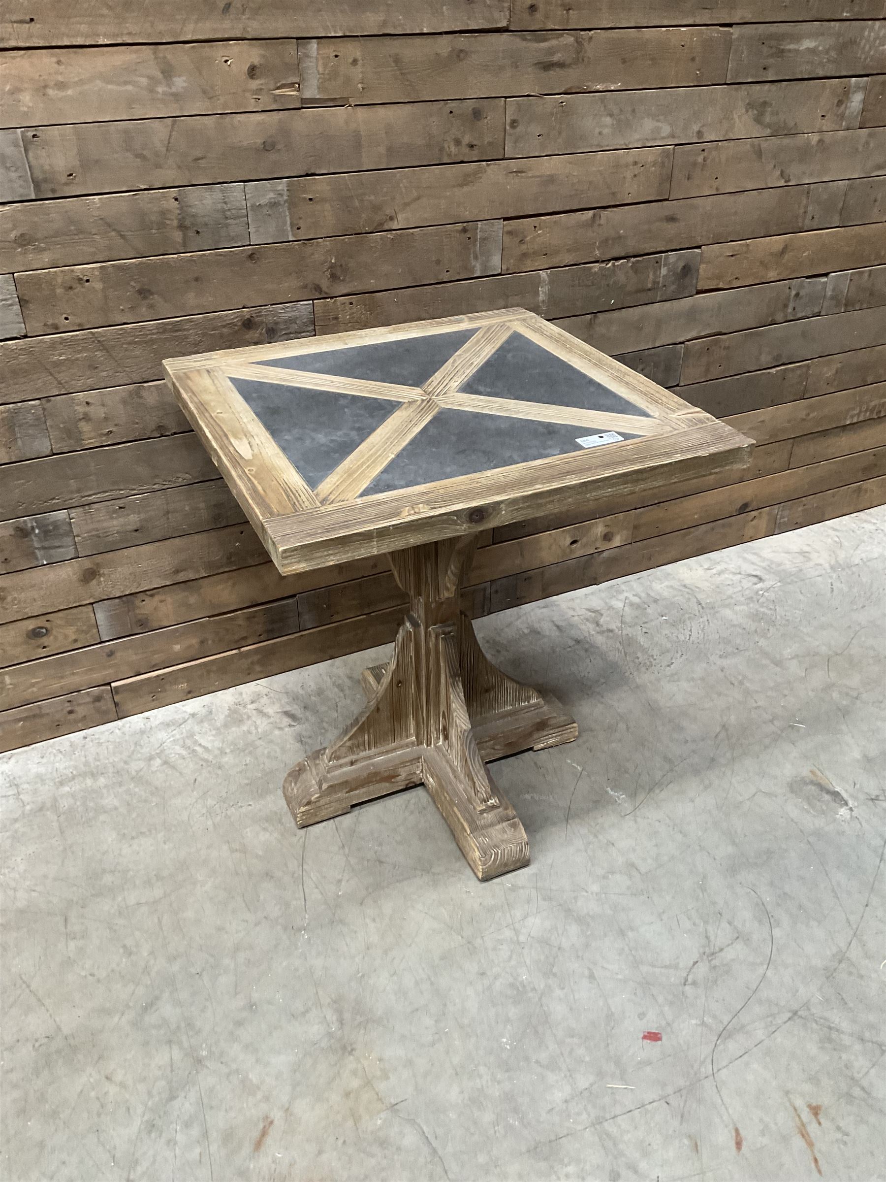 4 x Rustic square restaurant bistro table, parquetry top, X shaped base