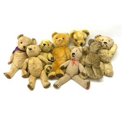 Eight English teddy bears 1950s-60s including Chiltern bear with swivel jointed head, glass type eyes and plastic dog type nose, stitched mouth and jointed limbs H16