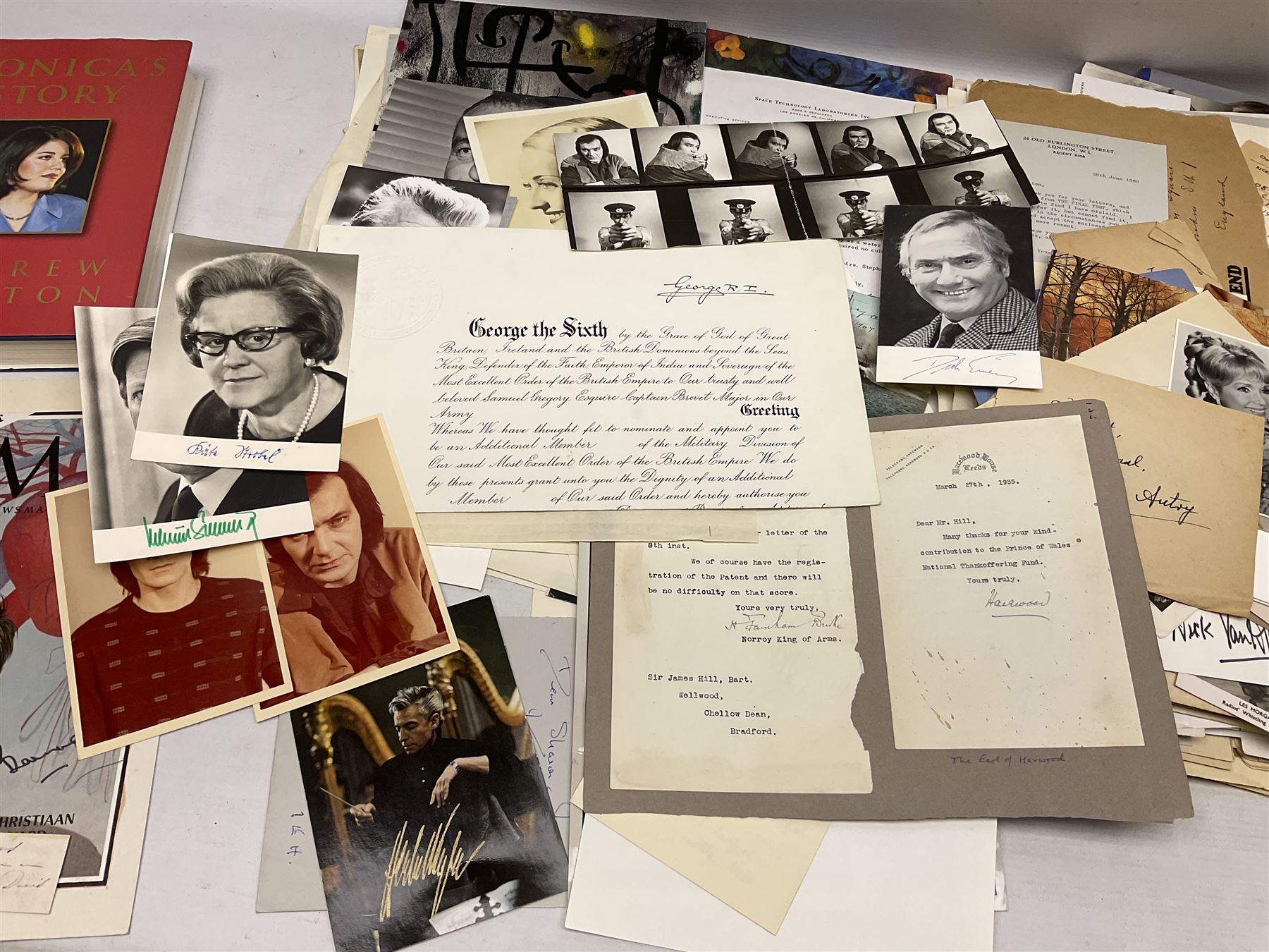 Over five-hundred and fifty autographs and signatures on cards, letters, posters, a book, photographs etc including Jefferson Davis, Lyndon B. Johnson, Orson Welles, Mary Pickford, Mickey Rooney, Peter O'Toole, Julie Andrews, Debbie Reynolds, Diana Dors, Alain Delon, Christiaan Barnard, Monica Lewinsky, Clifford Bax, Dom Mintoff, Pierre Trudeau, Margaret Truman, Marie Stopes, Havelock Ellis, Alfred Piccaver, Elisabeth Schumann, James Doolittle, Will Hays, Jesse Lasky, Billie Whitelaw, Megan Lloyd George, Leni Riefenstahl, Princess Anne & Captain Mark Phillips, Princess Alexandra of Kent & Angus Ogilvy, Prince & Princess Michael of Kent, Laurence Olivier, Leslie Caron, Lillian Hellman, Roddy Doyle, Max Mosley, Charlton Heston, Jerry Lewis, Jeremy Brett, Tallulah Bankhead, Russell Braddon, Marc Chagall, Roy Jenkins, Beatrice Webb, Olave Baden-Powell, Samuel Hoare, Leslie Hore-Belisha, Amelita Galli-Curci, Joan Miro, Tony Blair, Beryl Cook, Giles etc