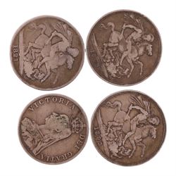 George IIII 1821 silver one crown coin, Queen Victoria 1889 silver one crown coin, Queen V...
