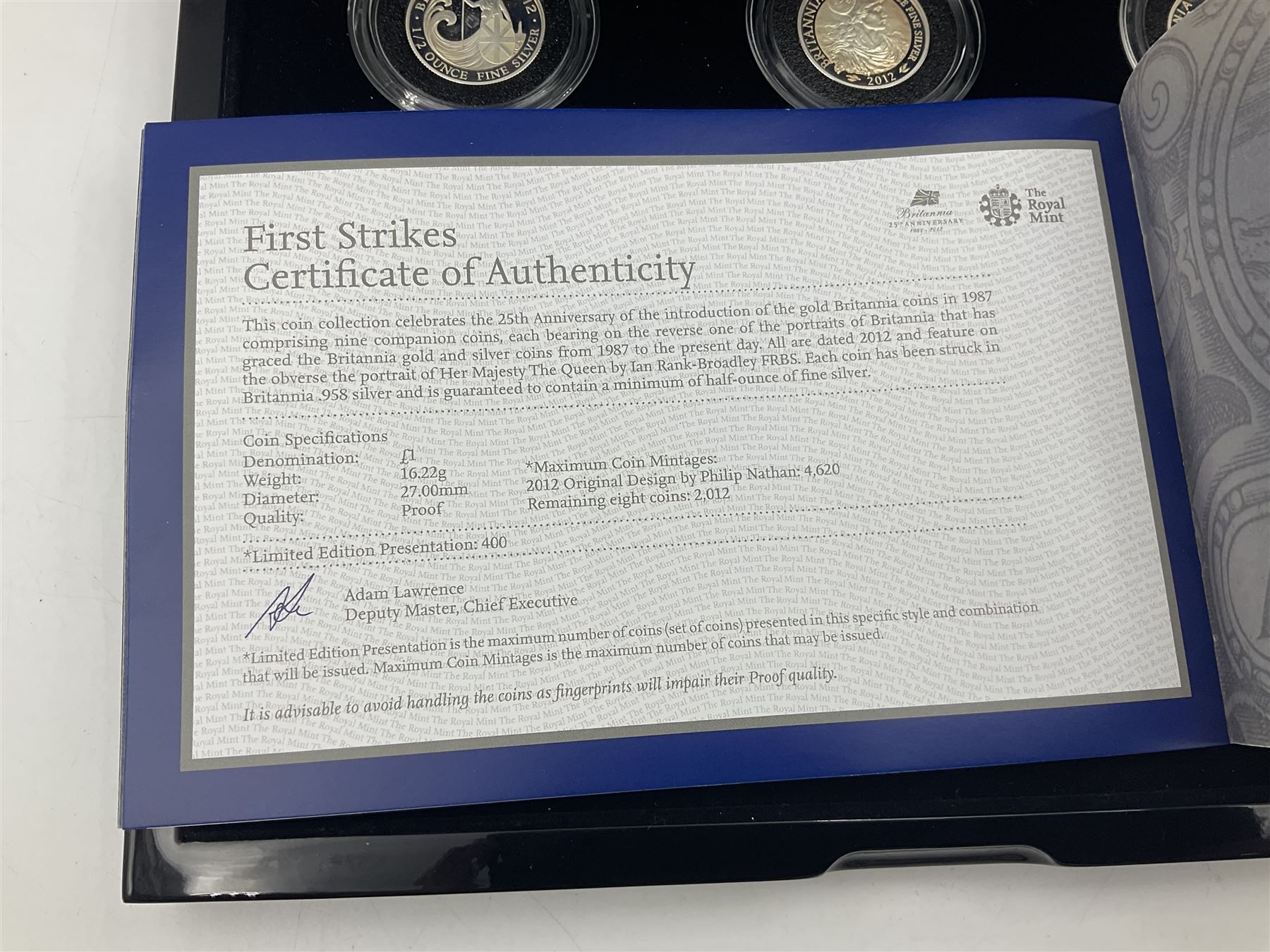 The Royal Mint United Kingdom 2012 'Britannia 25th Anniversary 1987-2012 The Silver Portrait Collection First Strikes' comprising nine half ounce fine silver Britannia coins, cased with certificate