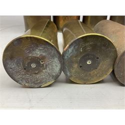 Eight WW1/WW2 and post-WW2 plain brass shell cases, tallest H37cm