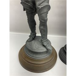 Pair of spelter figures modeled as Cavaliers, together with a spelter figure of Joan of Arc, largest H52cm