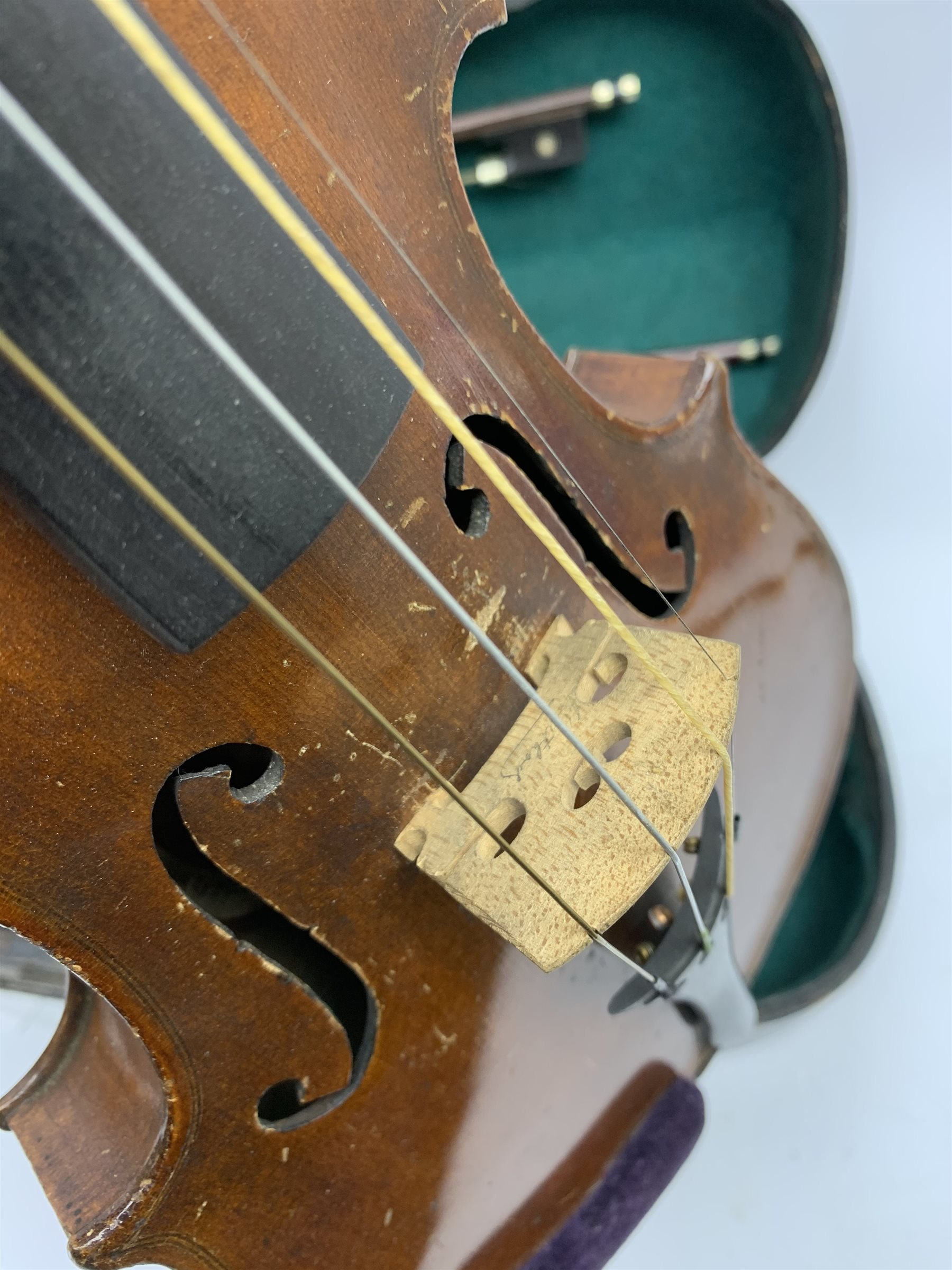 John Murdoch & Co. 'The Maidstone' three-quarter size violin with 33.5cm two-piece maple back and ribs and spruce top, bears label, 55cm overall, in original ebonised wooden 'coffin' case with two bows 