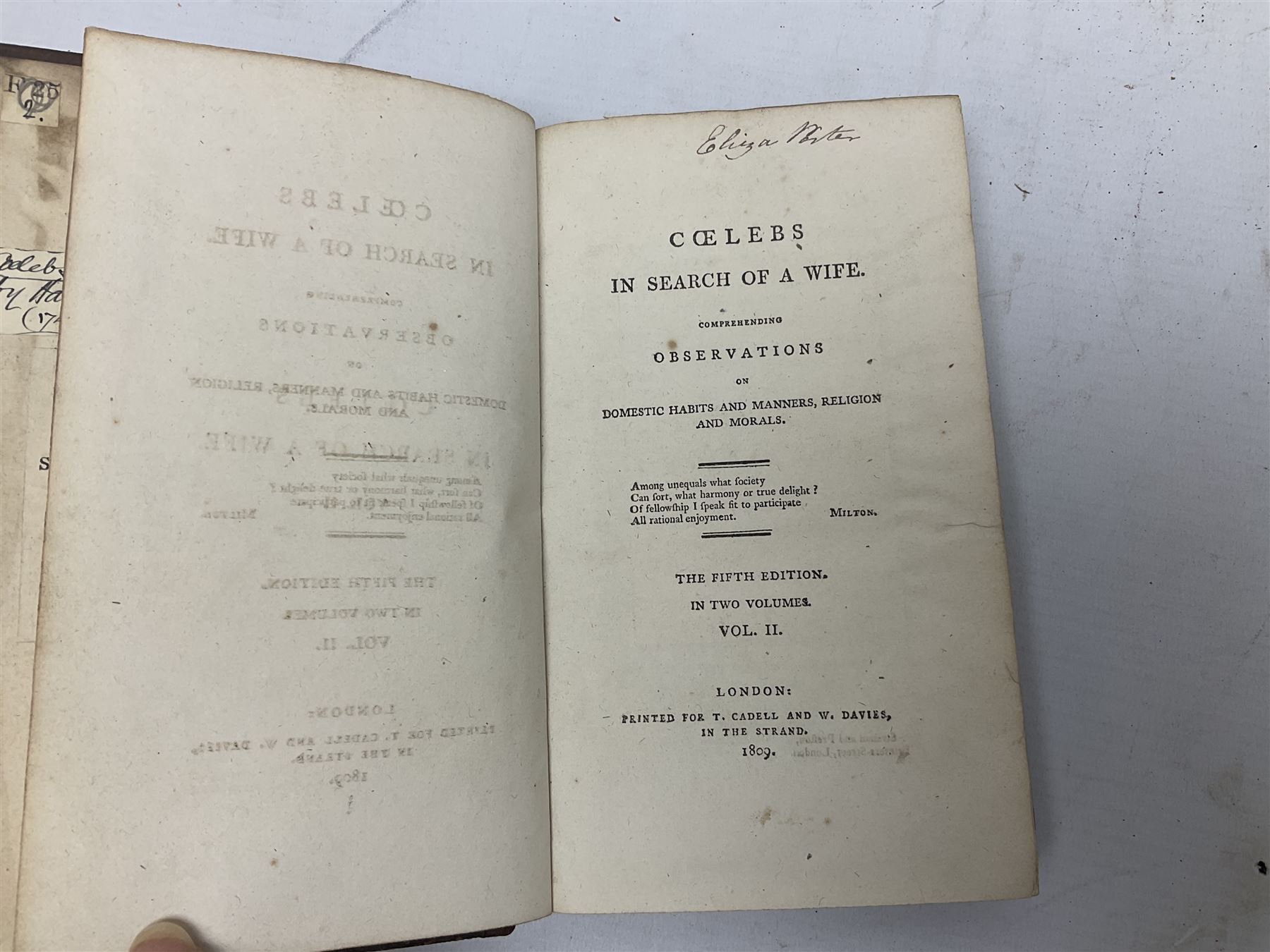  Coelebs; In Search of a Wife, fifth edition in two leather bound volumes London 1809, together with Tome Troisieme; Histoire De Gils Blas De Santillane, two leather bound volumes Paris 1831 and Dramatic Miscellanies one leather bound volume London 