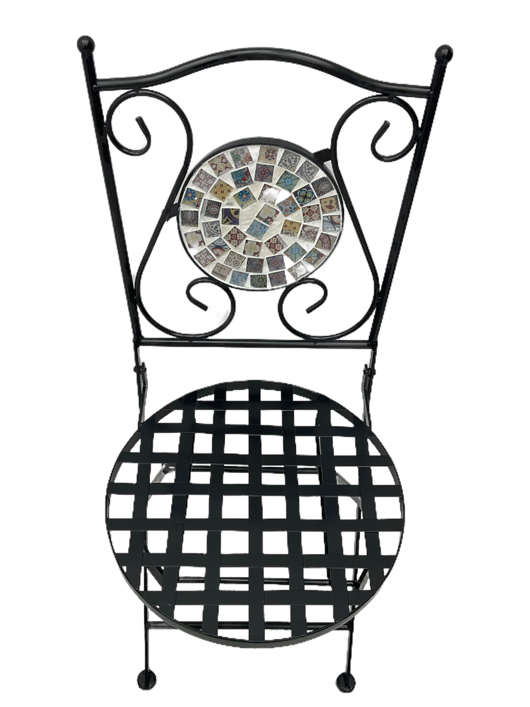 Black painted metal bistro set, circular table with mosaic top, and pair of folding chairs with mosaic panels 