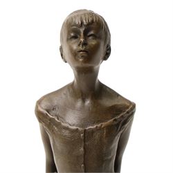 After Edgar Degas (French 1834-1917): La Petite Danseuse de Quatorze Ans, small bronze figure modelled as a young female dancer, bearing signature and with foundry mark, raised upon a rectangular base, H18.5cm