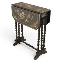 Chinoiserie style gate leg table, with gilt painted floral design, raised on bobbing supports, on sled feet
