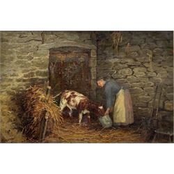 William Greaves (British 1852-1938): Farmer's Wife Feeding a Calf in Stable setting, oil on canvas signed 39cm x 59cm