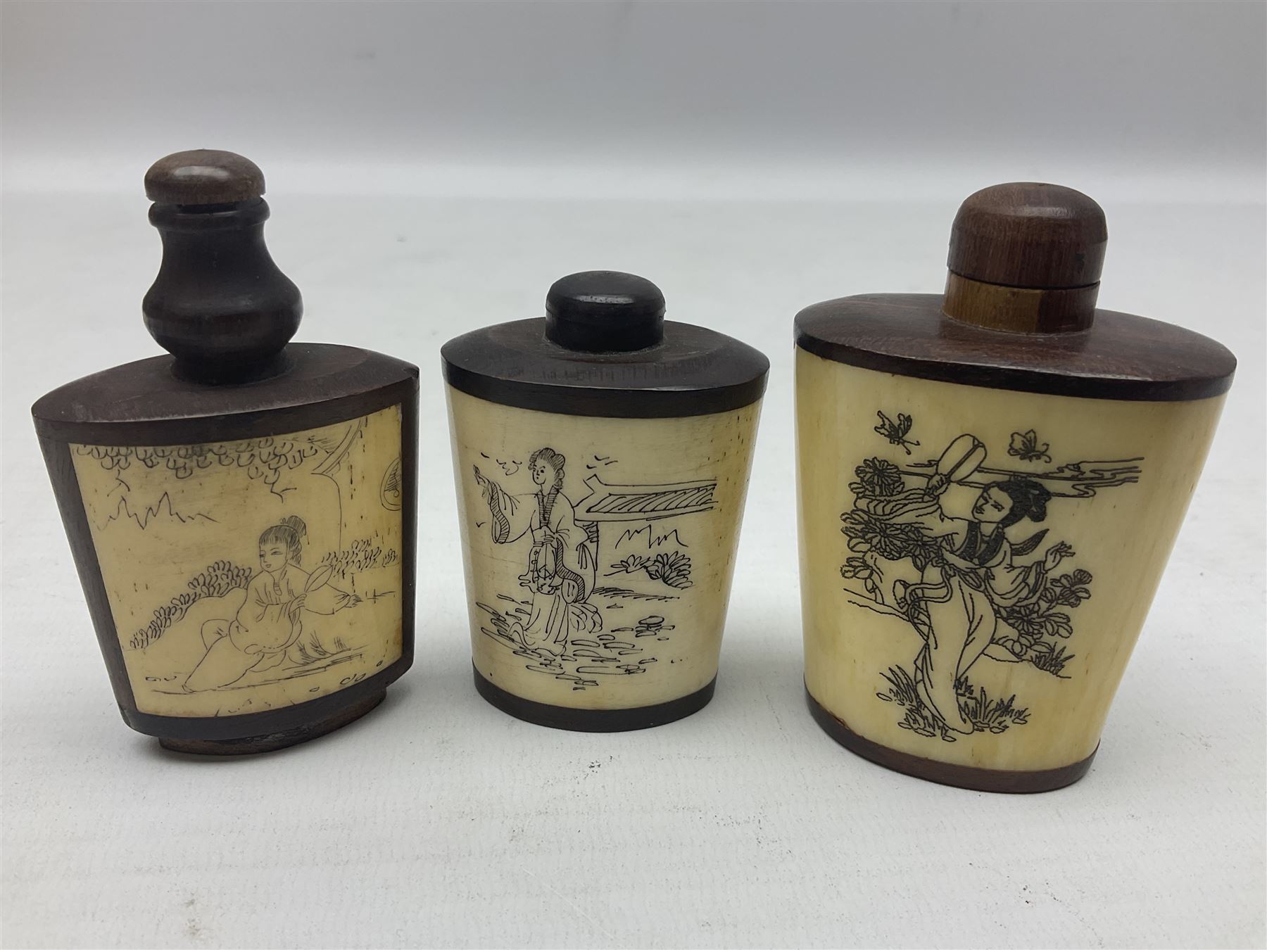 Seven Chinese glass snuff bottles painted with figures and animals, together with three wood mounted bone examples